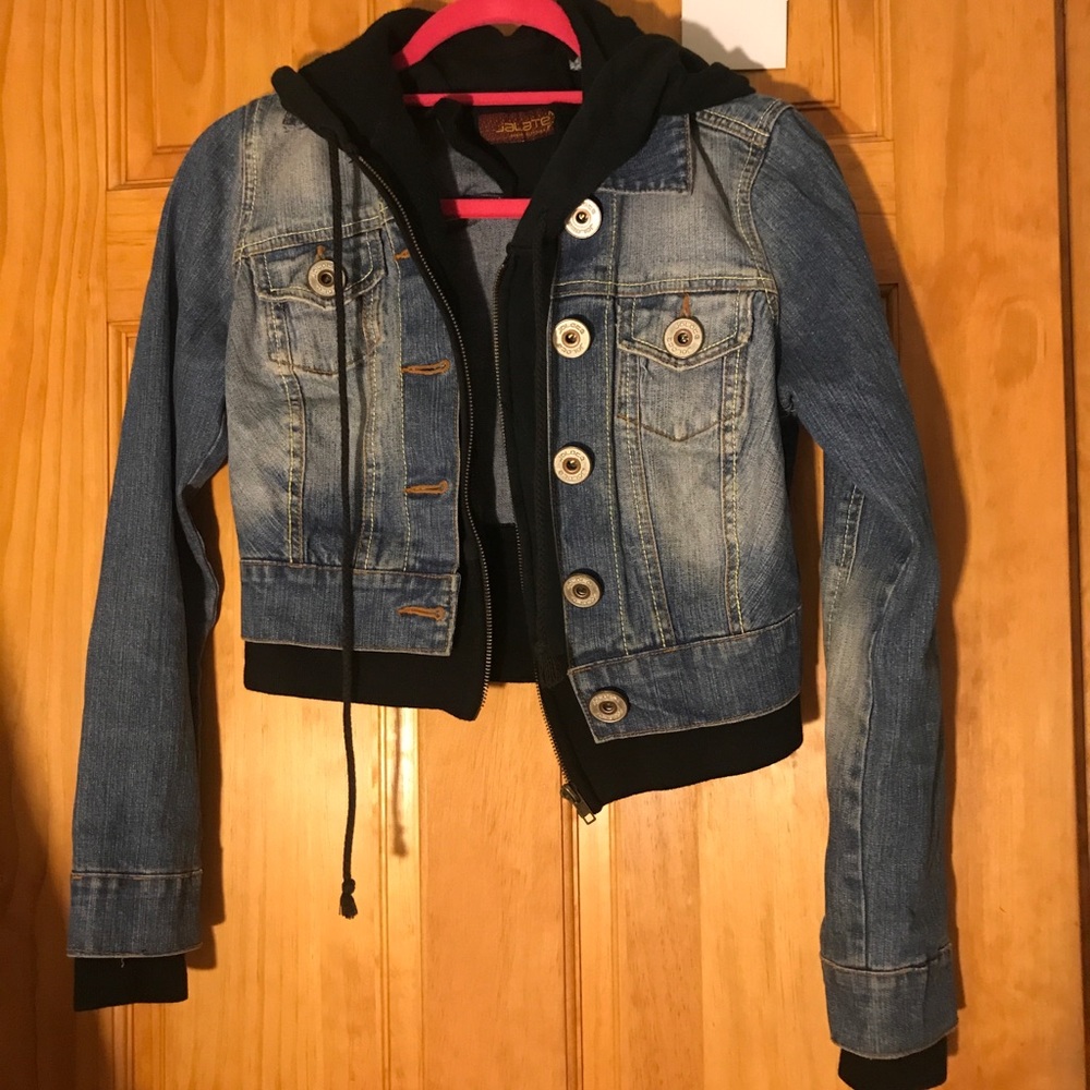 Denim jacket with sweatshirt underneath